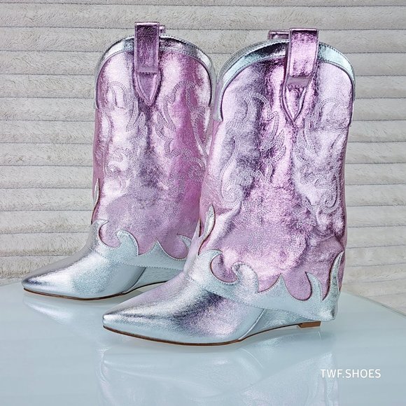 Show Off By Azalea Wang Silver Metallic Fold Over Western Wedge Ankle Boots - Picture 9 of 10